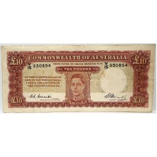 AUSTRALIA 1949 . TEN 10 POUNDS BANKNOTE . COOMBS/WATT . FIRST PREFIX V15
